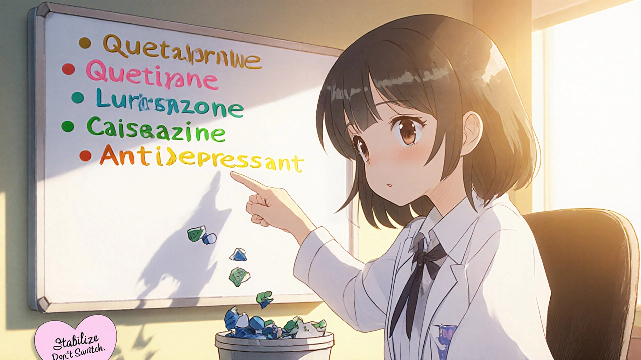 A patient looks at FDA-approved bipolar medications on a whiteboard while old antidepressant pills fall into a trash bin.