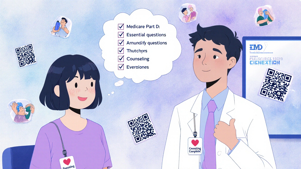 A patient repeats medication instructions to a pharmacist with a checklist floating nearby.