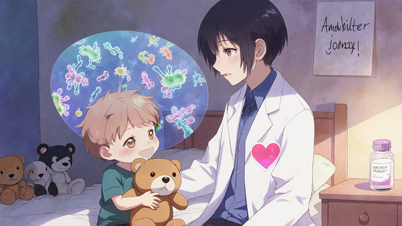 A pediatrician examines a boy with a bear, while transparent visuals show bacteria enzymes being disabled.