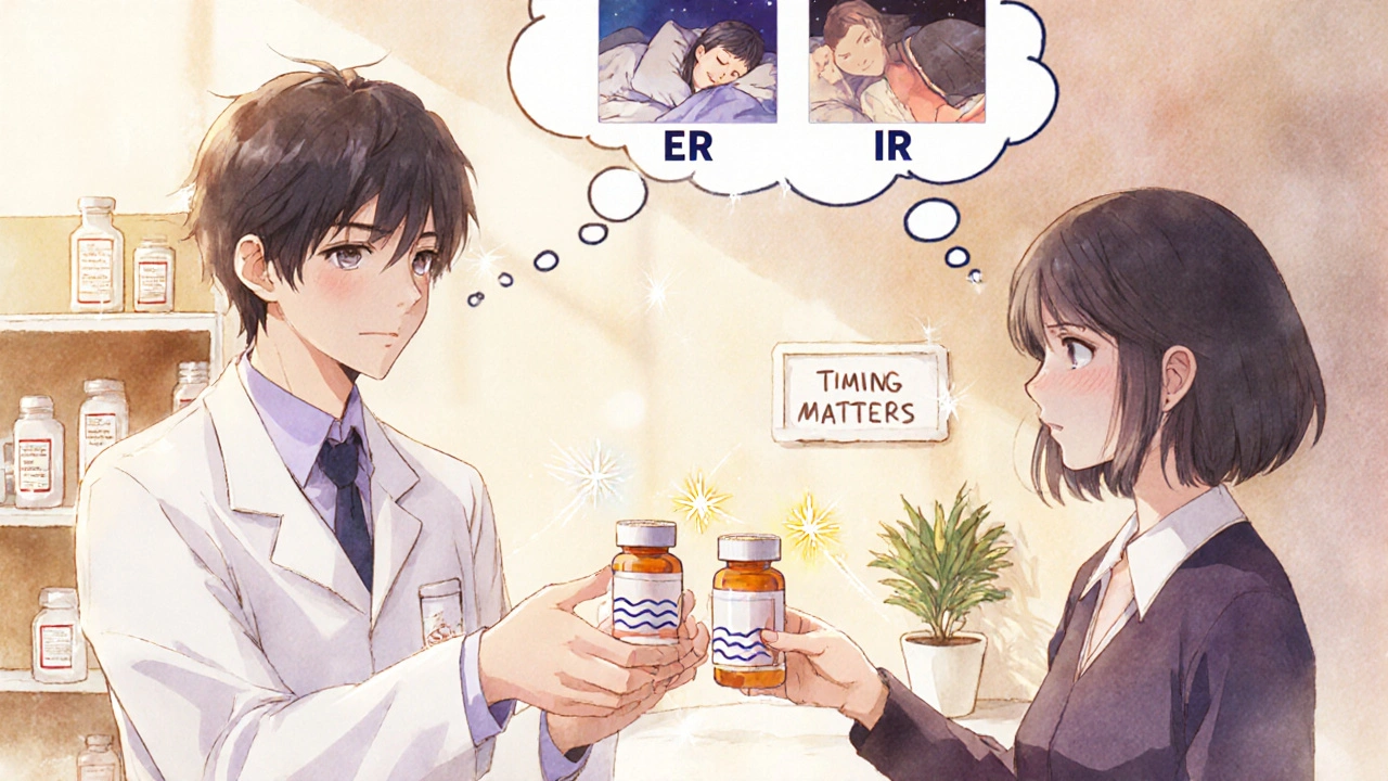 A pharmacist giving two pill bottles—one for steady daily use, one for quick relief.