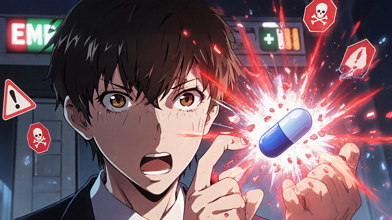 A teen crushing a pill as dangerous red particles explode, warning of overdose risk.
