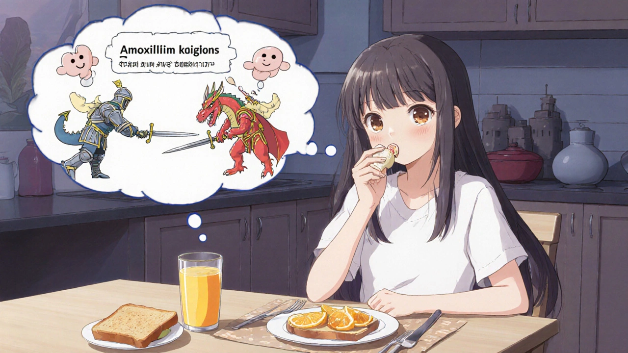 A teen takes medicine at breakfast, with a thought bubble showing knights defeating enzyme dragons.