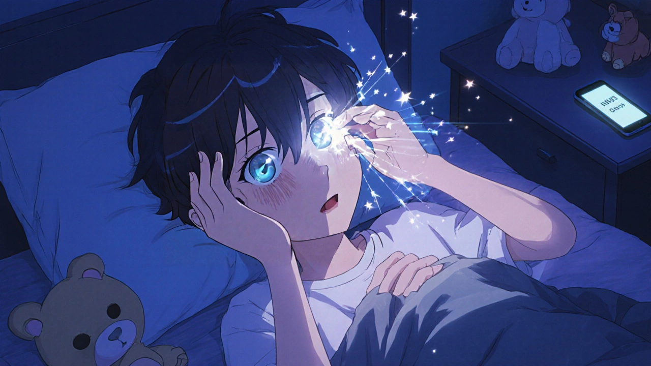 A teenager sees sudden flashes of light in a dark room, eyes wide with surprise, glowing streaks in the corner.