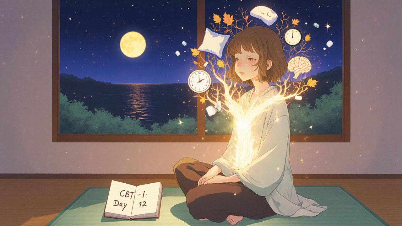 A woman meditates peacefully as sleep pills fall away, replaced by a glowing tree of healing symbols in the morning light.