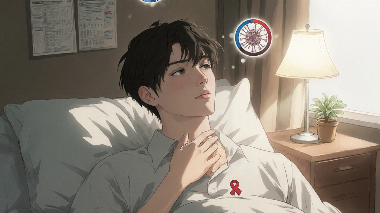 A young man gently touching his neck with a lump, calm and hopeful in a softly lit hospital room.