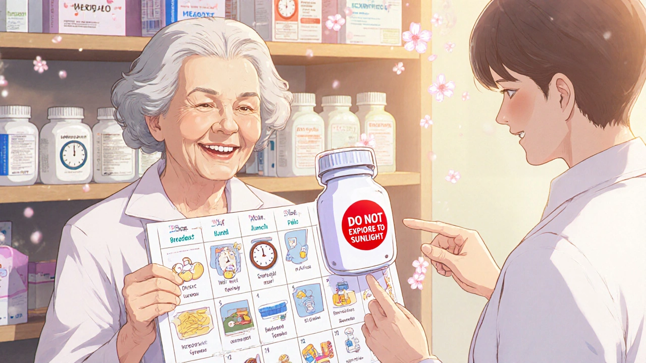 An elderly woman holds a large-print medication calendar with pictorial pill reminders.