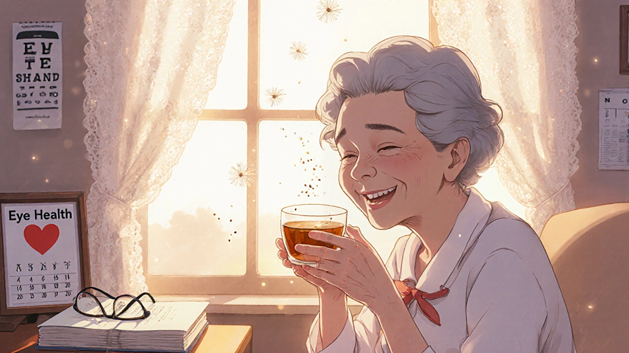 An elderly woman smiles calmly by a sunlit window, floaters like glitter in her vision, peaceful and aware.