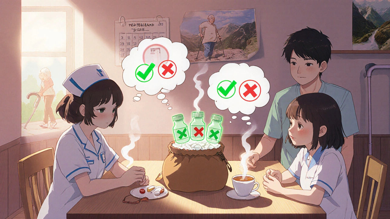 Care team gathered at a kitchen table reviewing medications from a brown bag, with safety indicators glowing above pills.