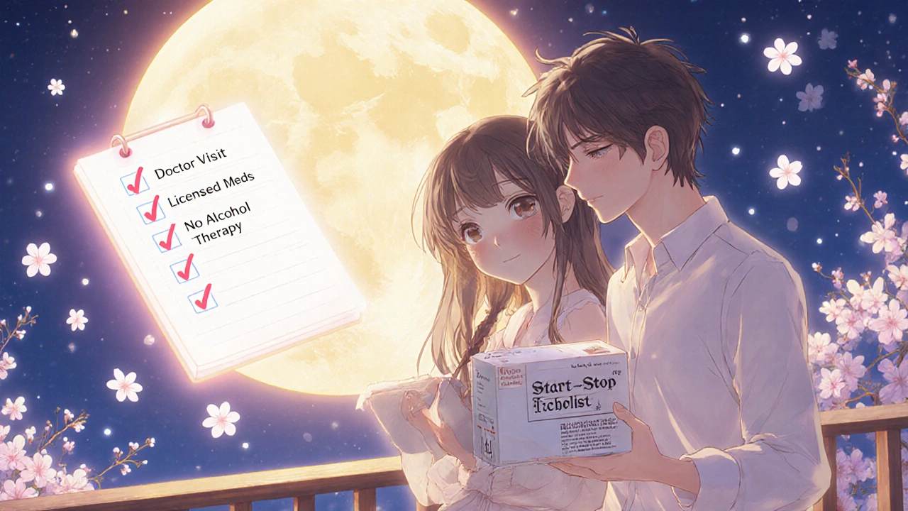 Couple on balcony with licensed meds and behavioral therapy notes under moonlight.