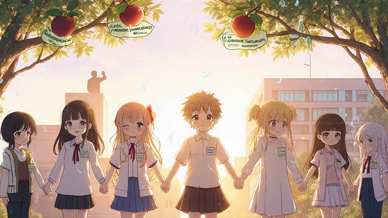 Diverse anime characters holding hands under a tree with badges showing weight loss percentages and health trade-offs.