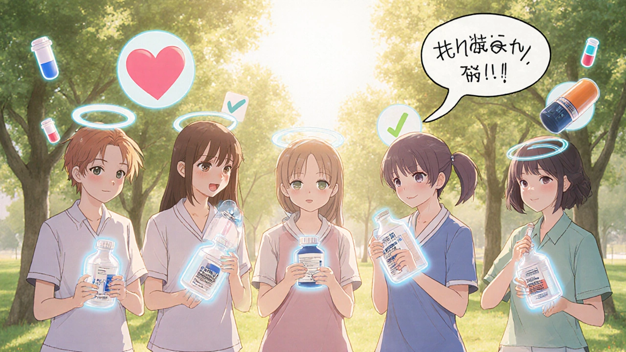 Diverse patients smiling in park with glowing generic pill bottles, medical icons floating around them