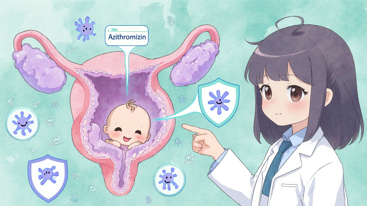 Doctor explaining azithromycin safety to a cartoon placenta and baby with neutralizing bacteria icons.
