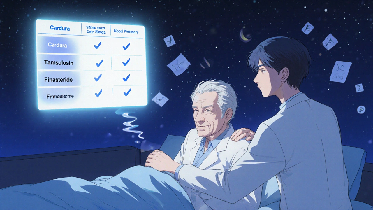 Elderly man sleeping peacefully as doctor comforts him, glowing comparison chart floats nearby.