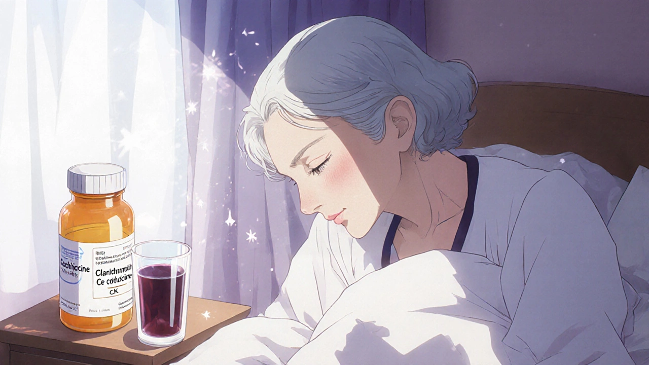 Elderly woman in bedroom beside glass of dark urine, glowing prescription bottles, tear on cheek.