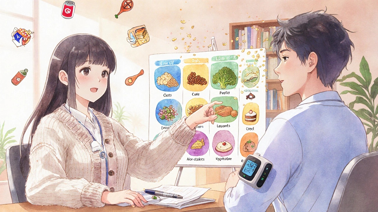 Friendly dietitian showing a patient a chart of low-GI foods in a cozy clinic.