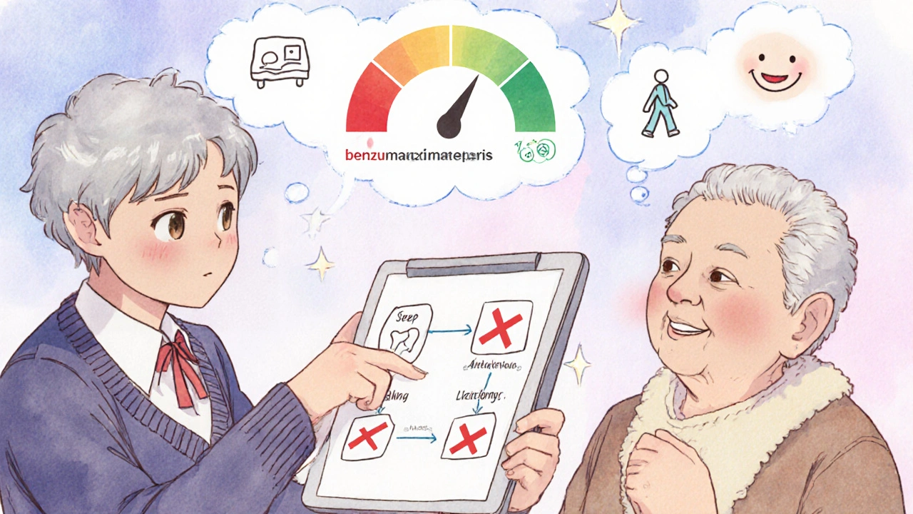 Geriatrician and senior reviewing medication flowchart on a tablet, with energy levels rising from red to green.
