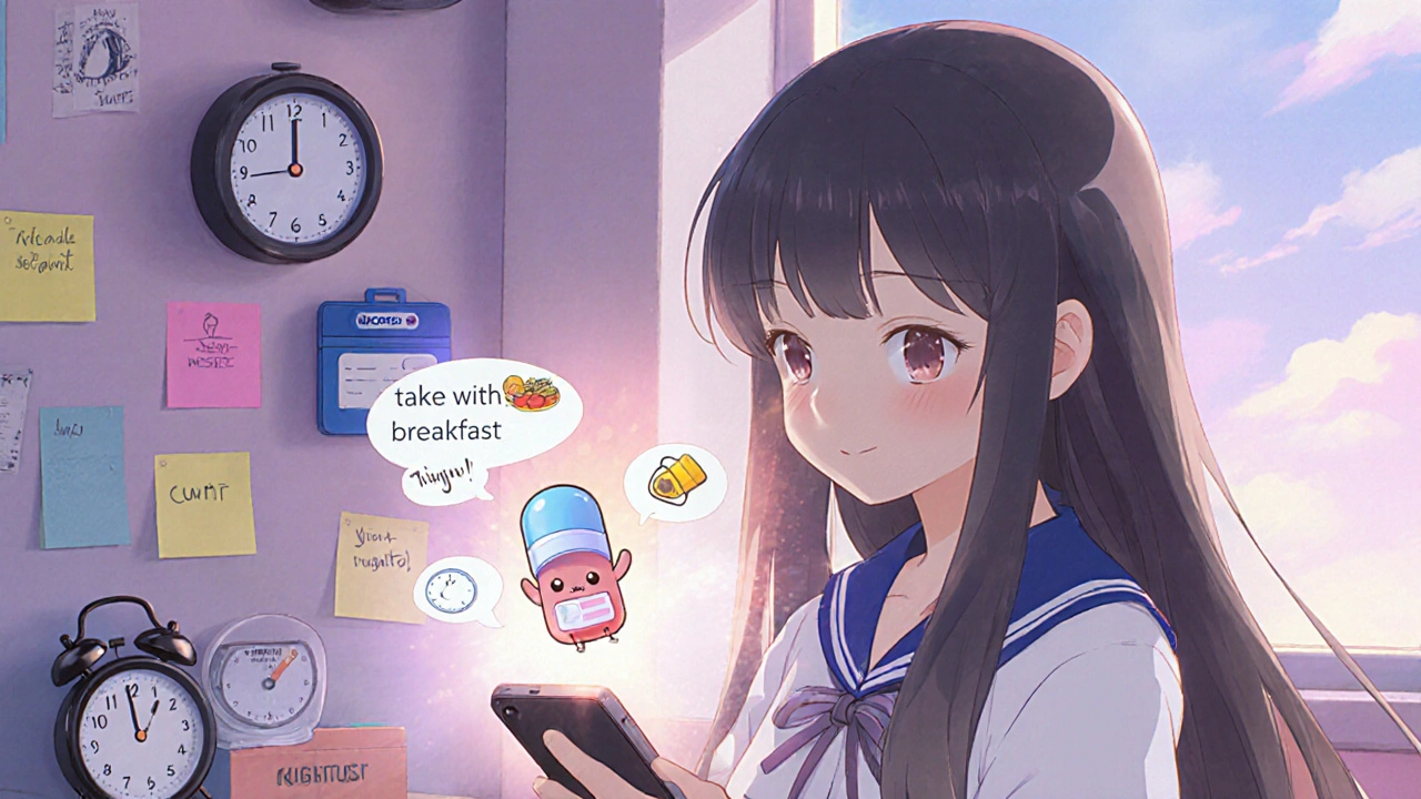 Girl scanning a prescription with AR animation showing how to take medicine correctly.