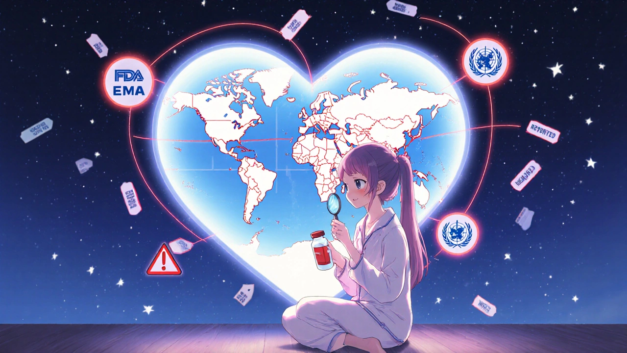 Girl with pill bottle watching global drug alert map glow on heart-shaped screen at night.