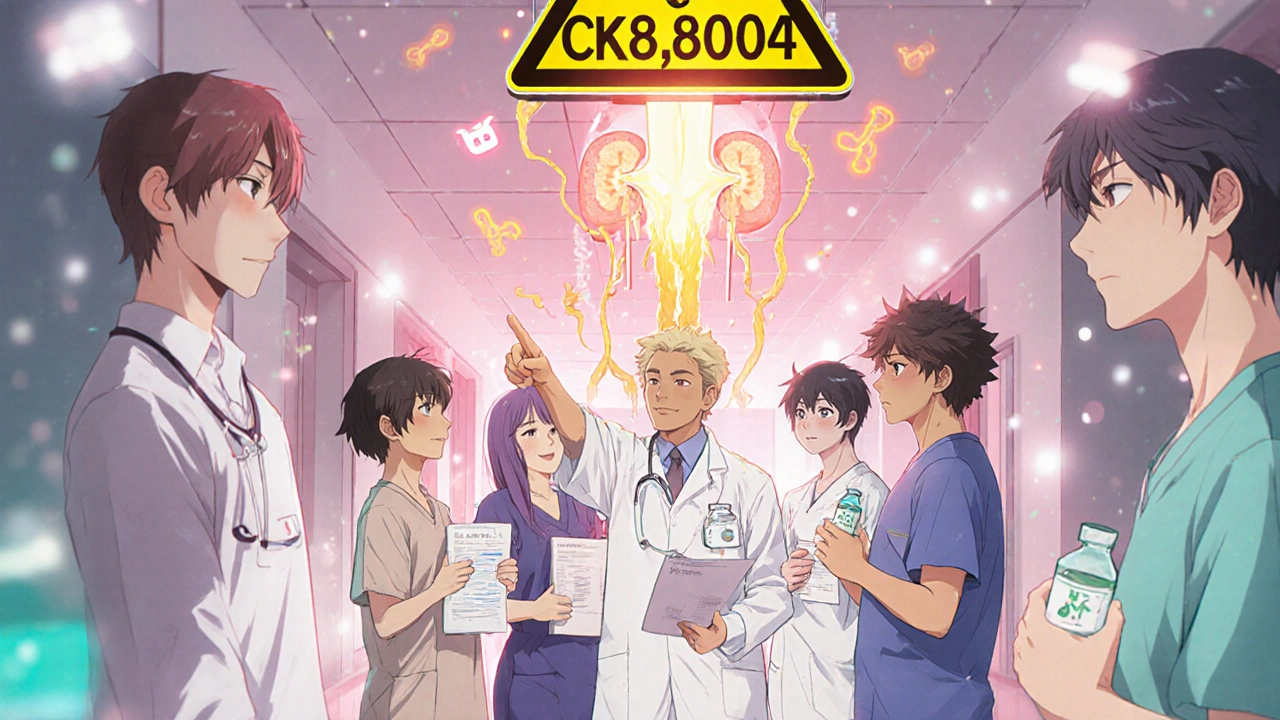 Group of patients in hospital hallway pointing to giant CK level warning sign with flowing IV fluids.