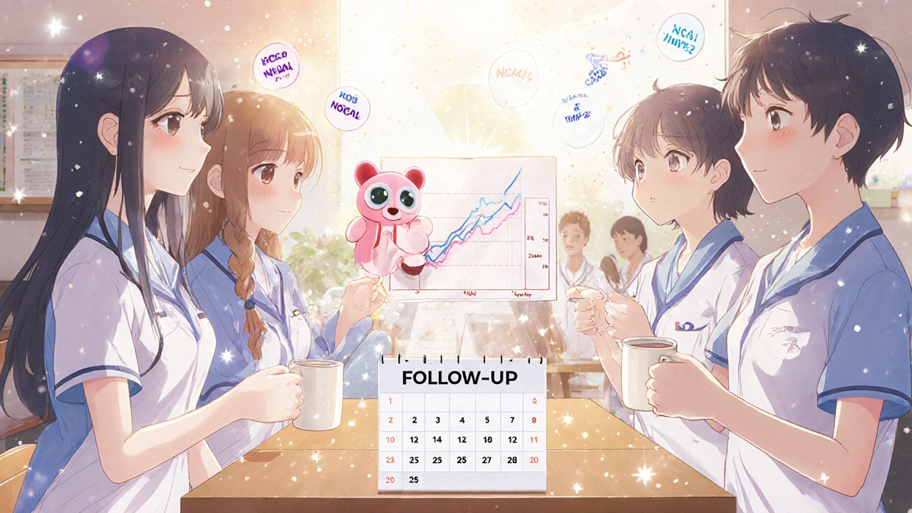 Hospital staff celebrating a rising kidney function graph with floating biomarker icons and sunlight.