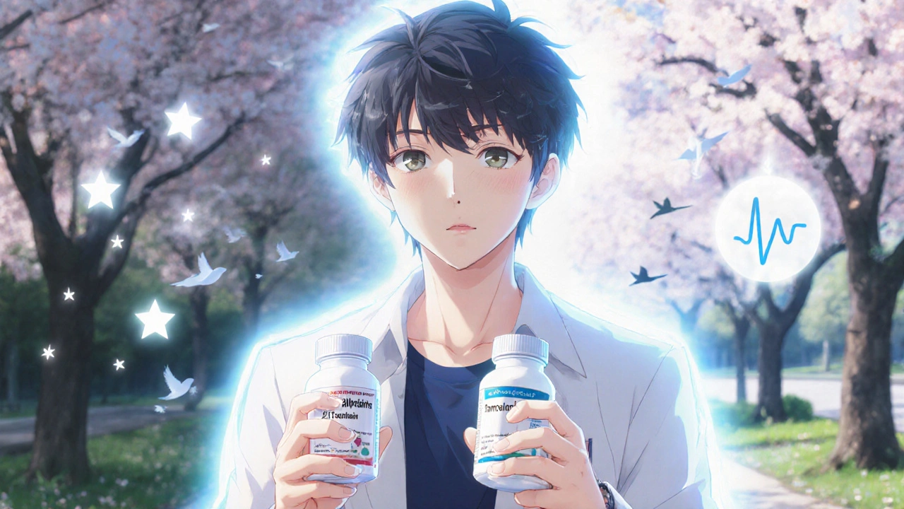 Man smiling with two pill bottles, walking through park with split path showing improved health.