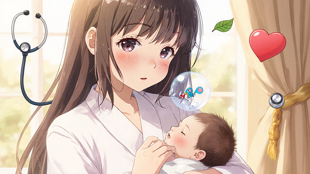 Mother breastfeeding baby as azithromycin molecule fades safely away in warm morning light.