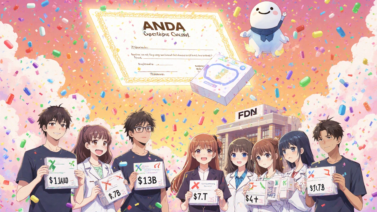 Patients holding generic meds under a glowing ANDA certificate with savings numbers in the sky.