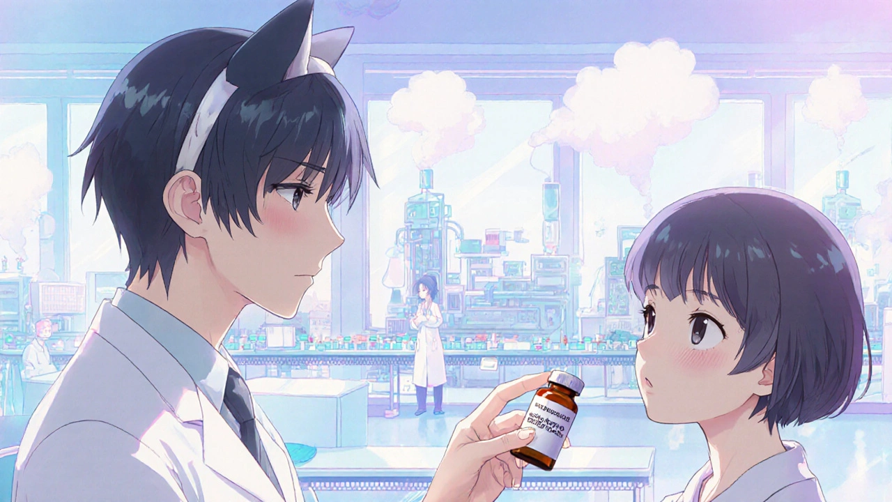 Pharmacist and patient examining a pill bottle as factory interior is shown in transparent overlay, manga style
