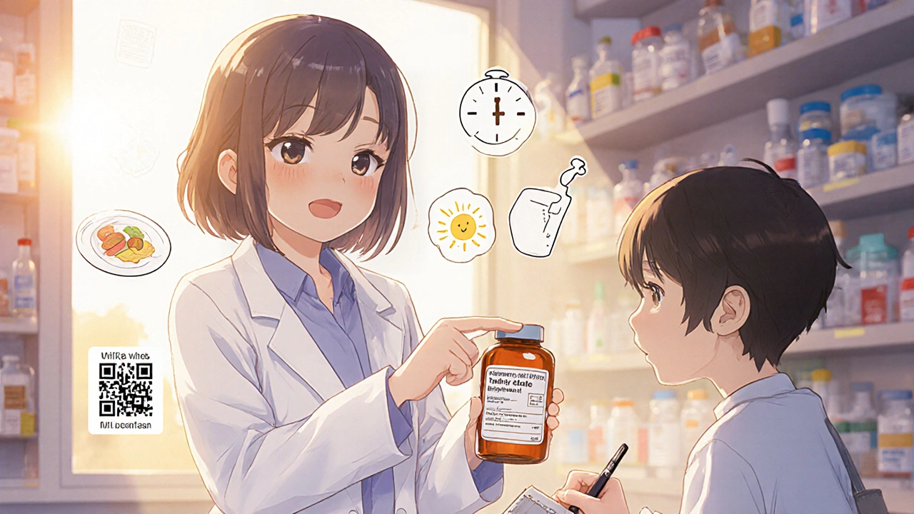 Pharmacist explaining medication instructions with visual icons on a large-print label.