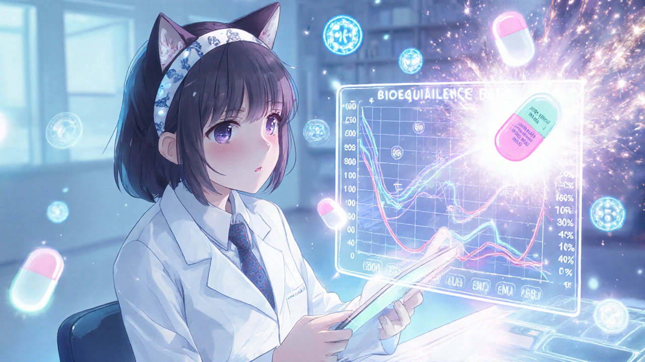 Scientist analyzing bioequivalence data with glowing AUC and Cmax graphs in a lab.