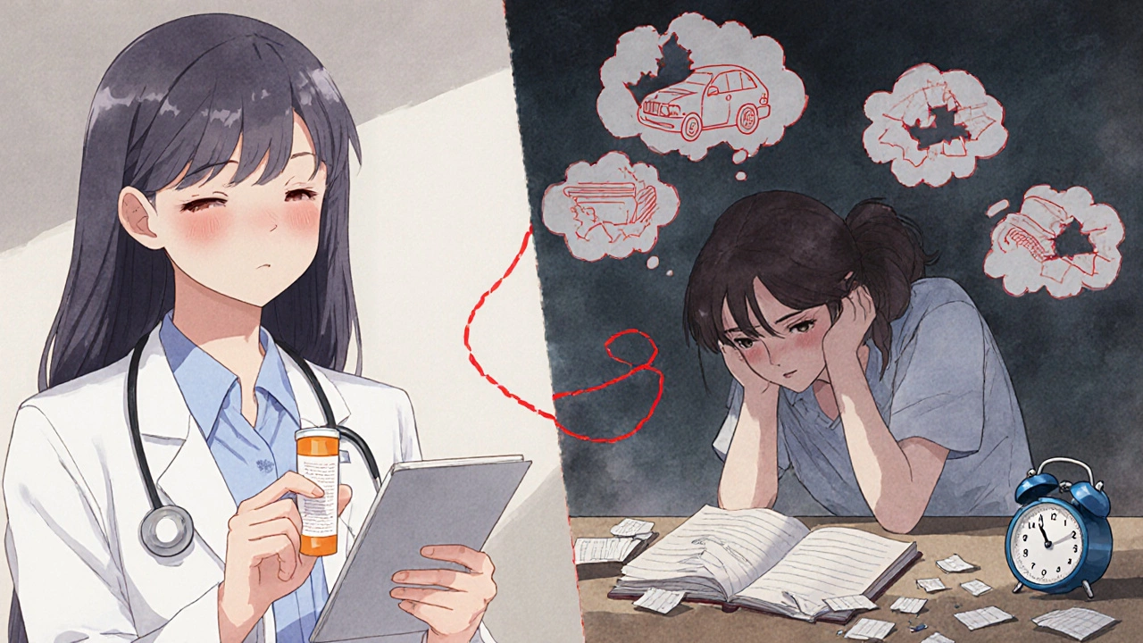 Split scene: a doctor gives a prescription on one side, the same person struggles with sleep logs and memories on the other.