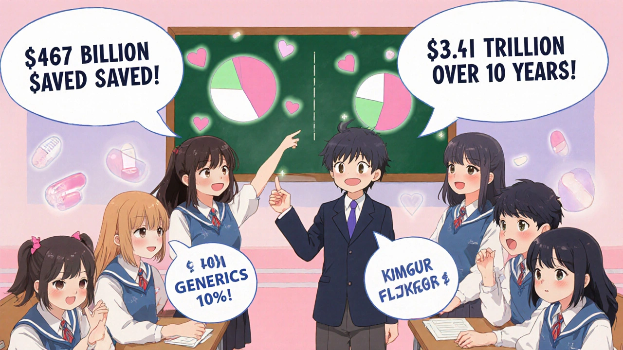 Students celebrate healthcare savings with floating numbers in a pastel classroom.