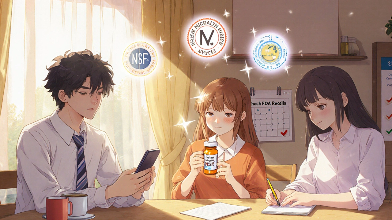 Three friends checking medication details at kitchen table with safety seals floating above.