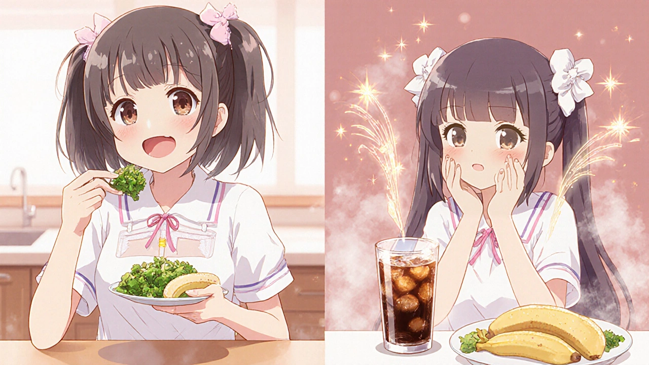 Two anime girls eating: one happy with small food, the other reacting to sugary soda causing dumping syndrome effects.