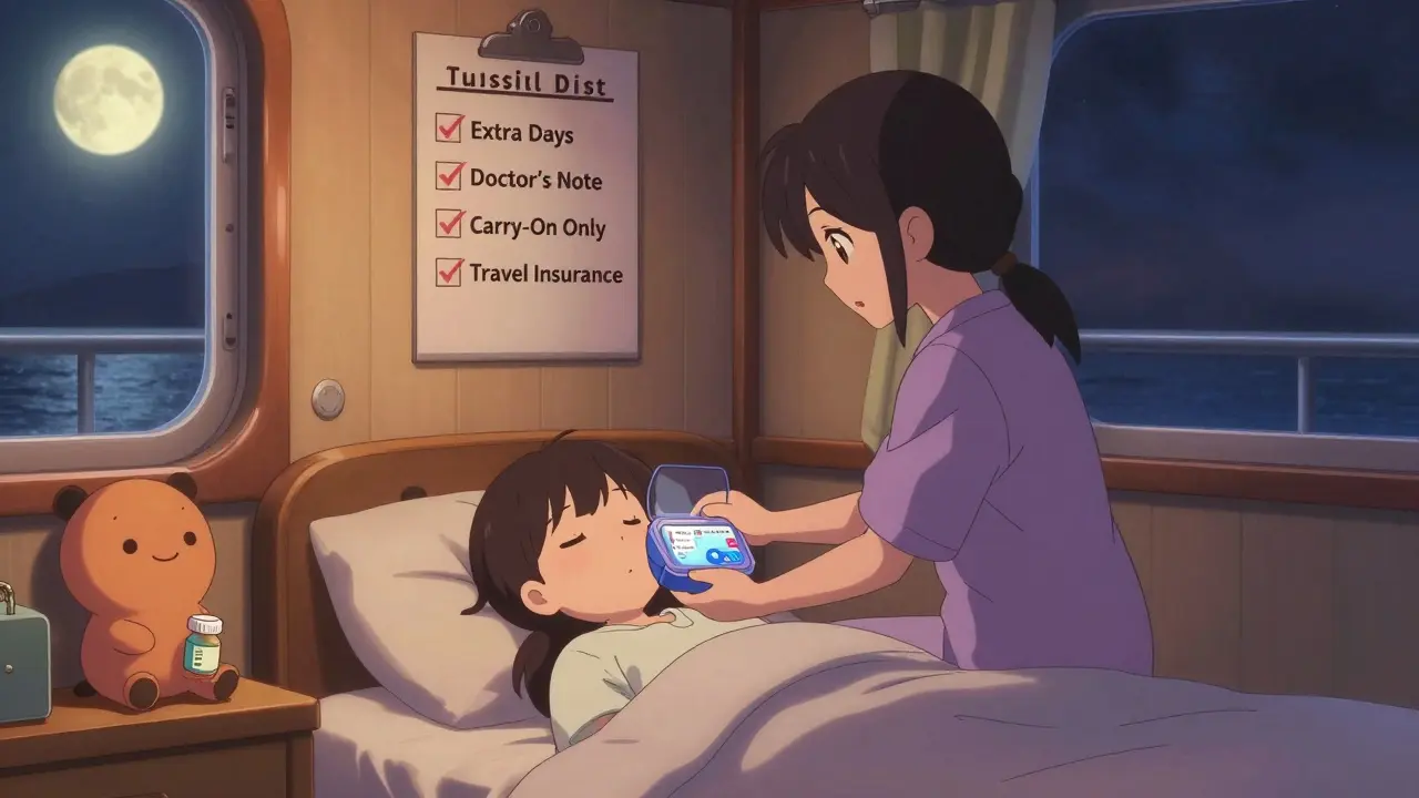 A cozy cruise cabin at night with an insulin cooler and a medication checklist on the wall.