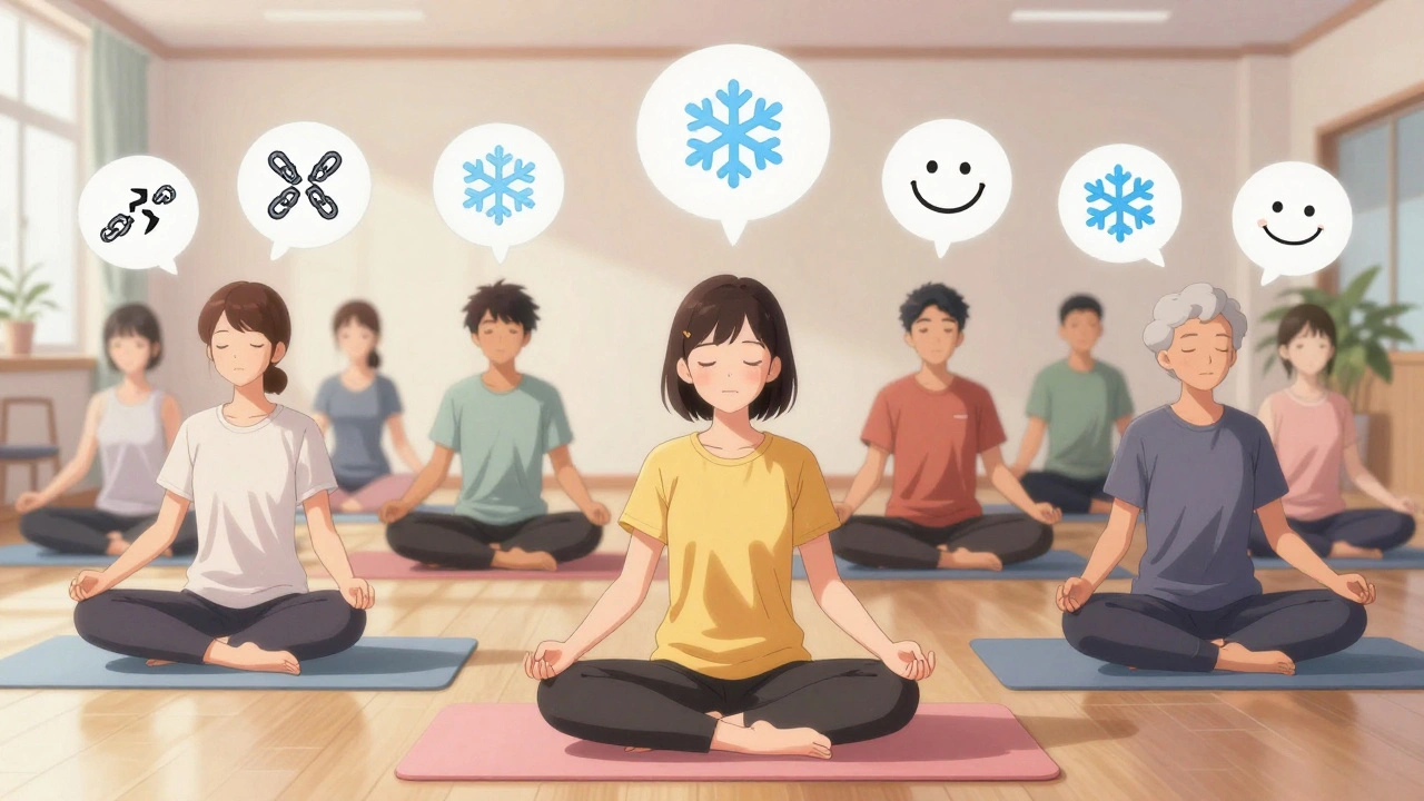 A diverse group of people doing seated yoga and tai chi together in a community center, all calm and supported.