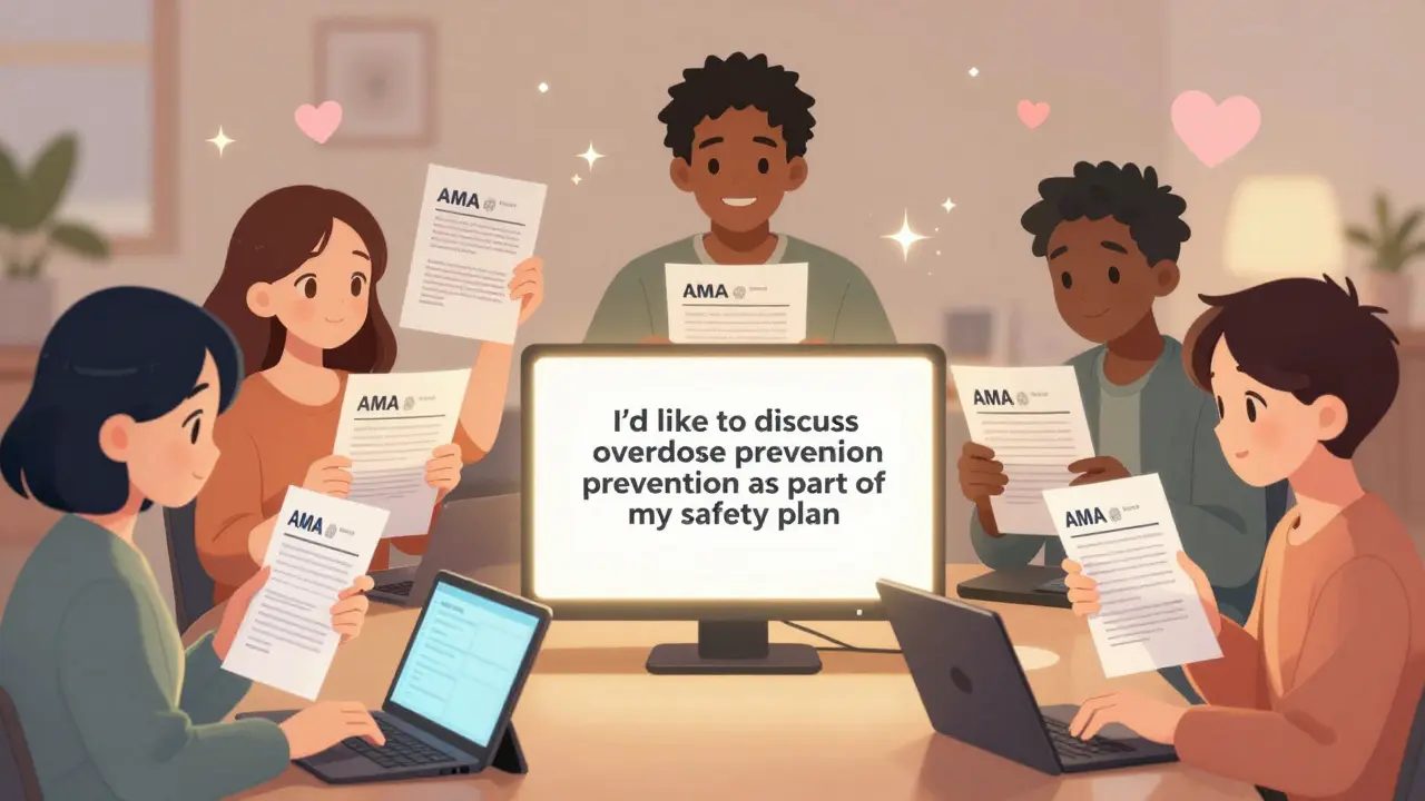 A diverse group supports each other in an online meeting about talking to doctors about overdose safety.