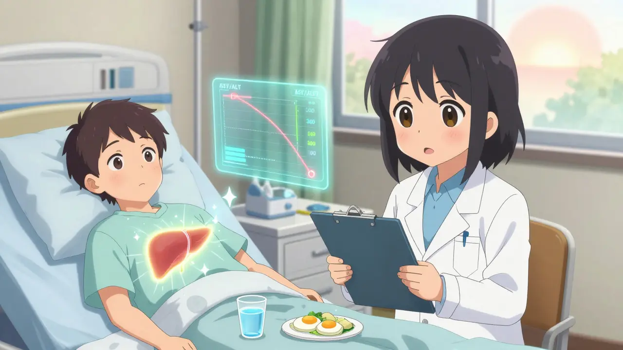 A doctor monitors a patient’s dropping liver enzyme levels with glowing readouts in a soft, sunlit hospital room.