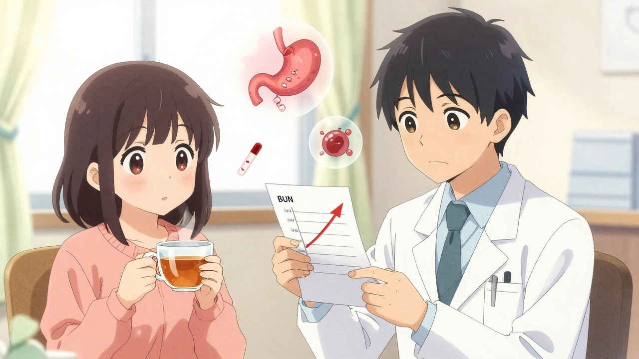 A doctor showing blood test results to a patient, with floating icons of kidney and stomach damage.