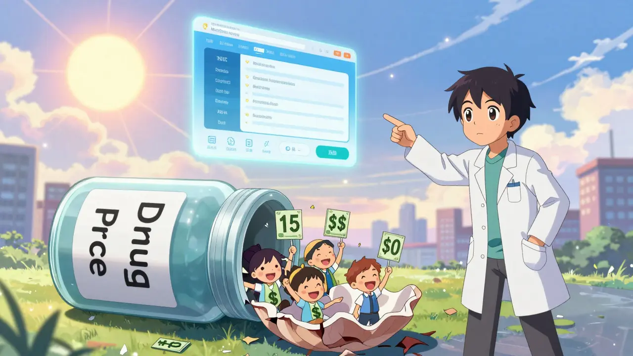 A giant medicine bottle cracks open to release patients holding <h2>How to Find and Apply for Help</h2> price tags under a glowing help portal.