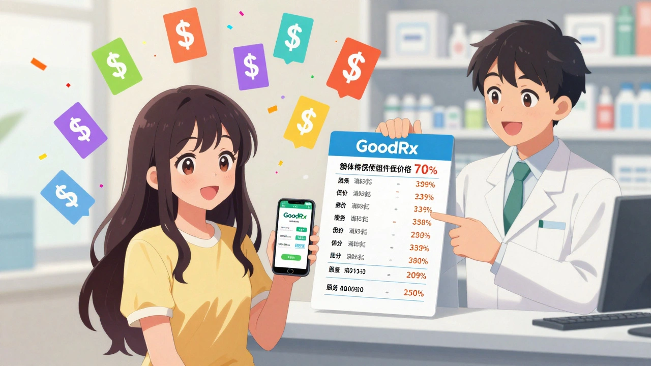 A girl compares cash prices on her phone with a pharmacist as floating price tags drop dramatically.