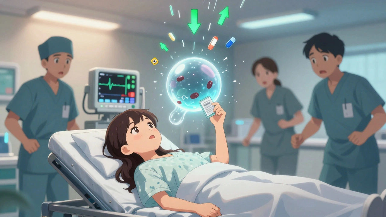 A girl in a hospital bed with a heart monitor spiking as blood pressure meds crack around her.