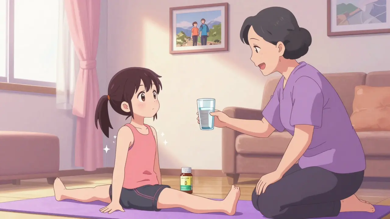 A girl stretching on a yoga mat while her grandmother offers water and a vitamin D supplement.