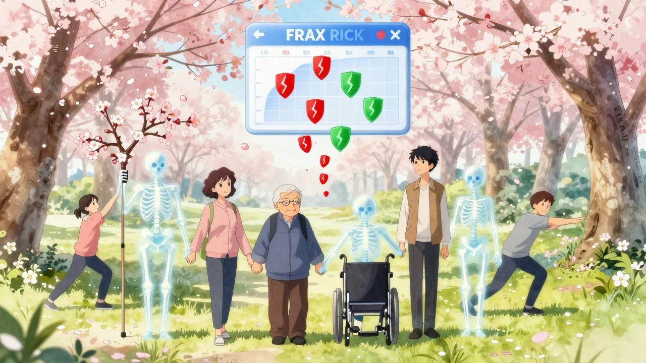 A group of people in a park with glowing healthy skeletons, symbolizing restored bone strength and independence.