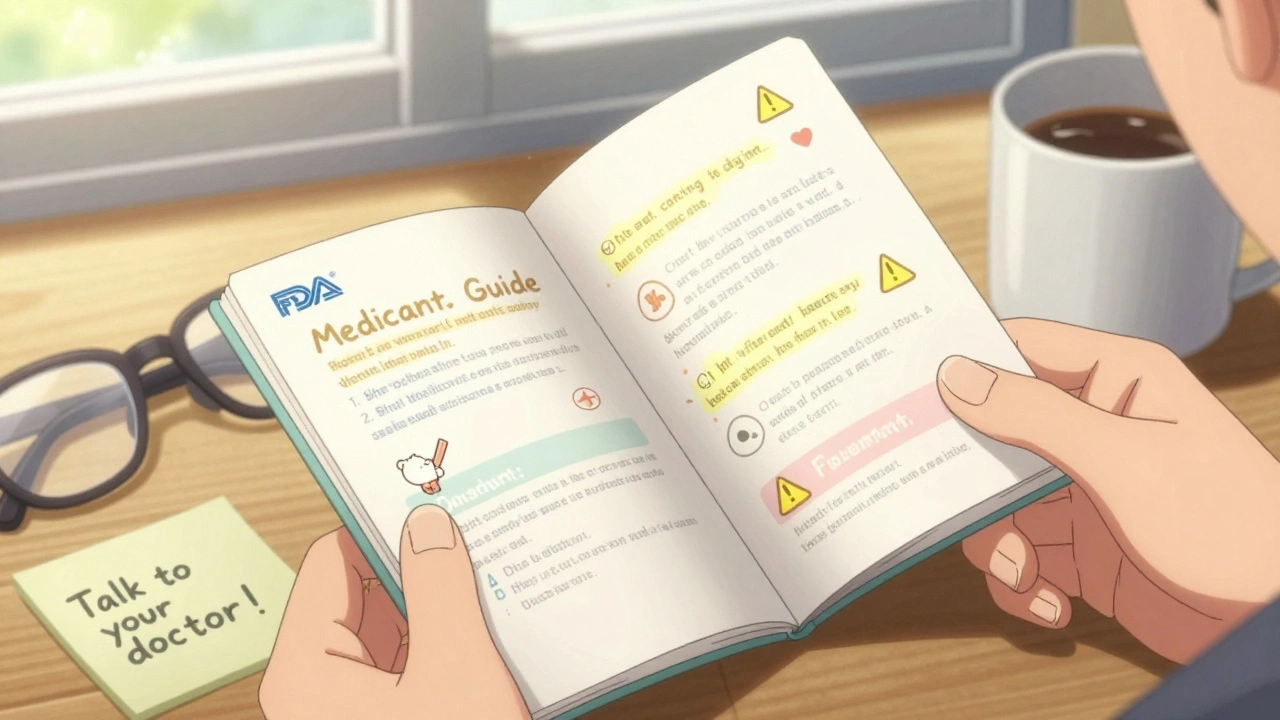 A hand opening a Medication Guide with animated safety tips glowing on the pages.
