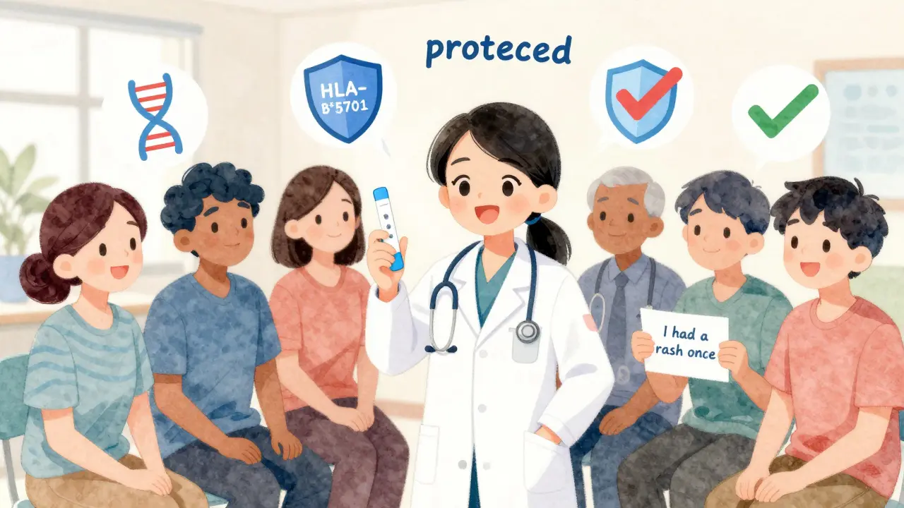 A medical intern gives genetic test kits to smiling patients in a sunlit clinic with floating health icons.