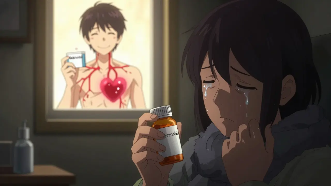 A patient comparing propranolol and nebivolol, shown with dark fatigue vs. glowing warmth and hope.