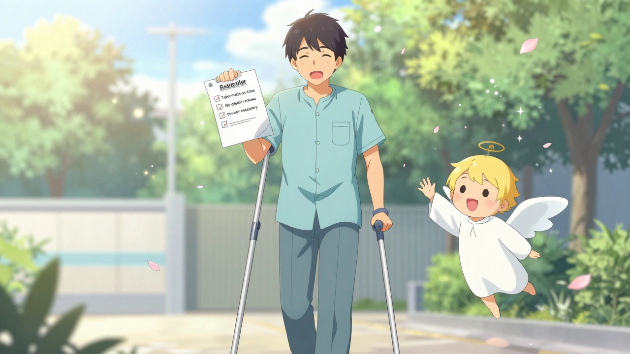 A patient walks home confidently after surgery, guided by a healing spirit.