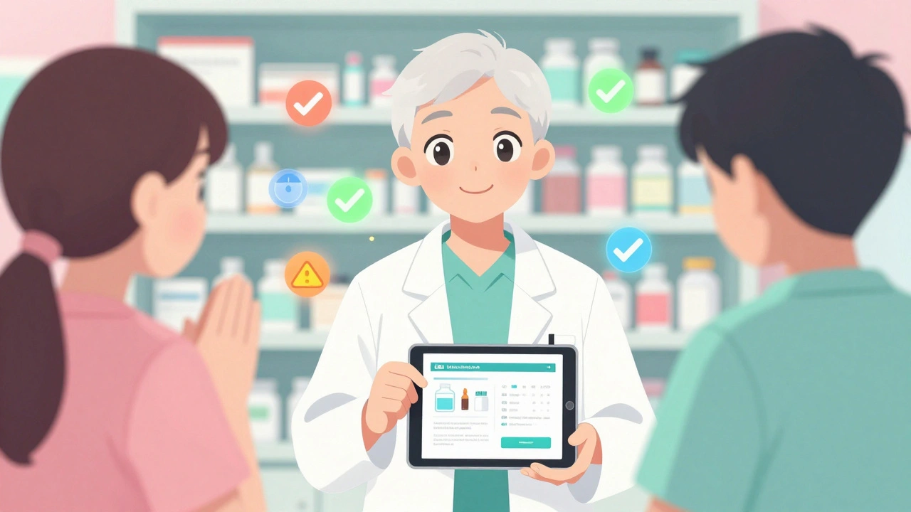 A pharmacist explains an FDA alert to a patient with floating safety icons in the air.