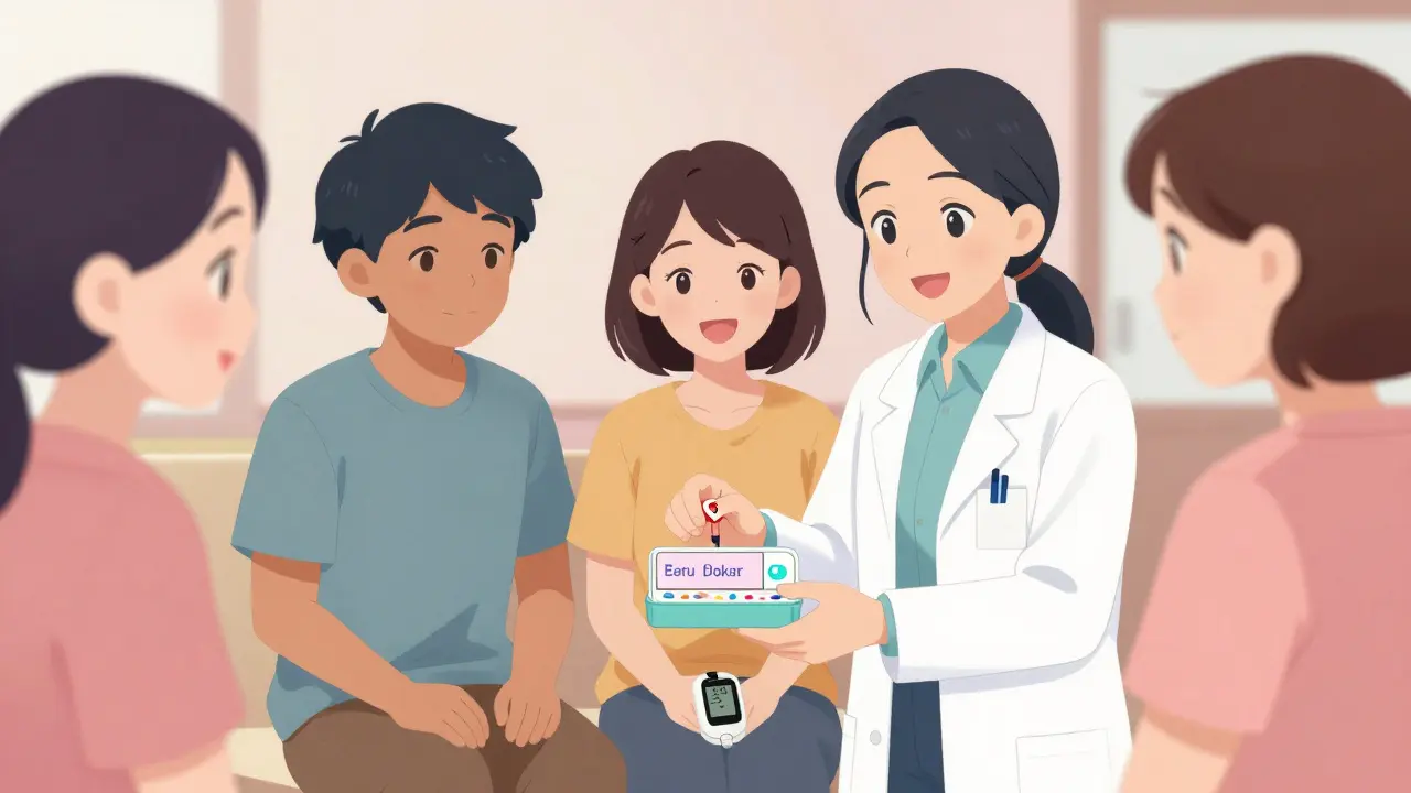 A pharmacist handing personalized beta-blockers to diverse patients with health condition cues.